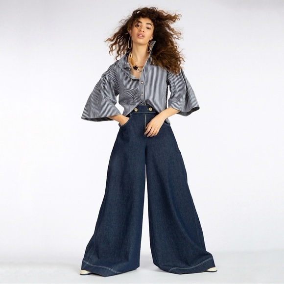 Tanya Taylor Jemma Pant High Waist Wide Leg Flare Denim Cropped Jean Indigo 2 - Picture 1 of 16